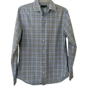 Banana Republic Casual Button Down Shirt Blue White and Gray Plaid size S 14